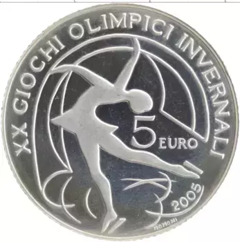 Монета 5 евро Италии 2005 года Серебро Олимпийские игры в Турине-2006