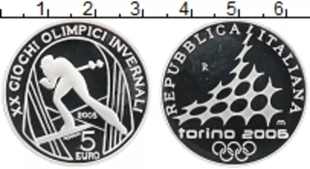 Монета 5 евро Италии 2005 года Серебро Олимпийские игры в Турине, Лыжные гонки