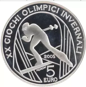 Монета 5 евро Италии 2005 года Серебро XX зимние Олимпийские игры в Турине 2006 г