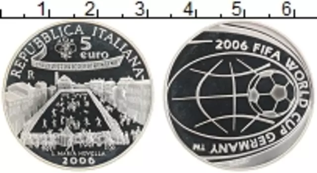 Монета 5 евро Италии 2006 года Серебро Чемпионат мира по футболу в Германии