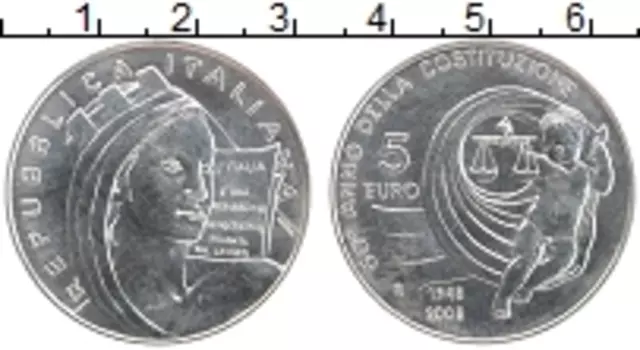 Монета 5 евро Италии 2008 года Серебро 60 лет Конституции Италии