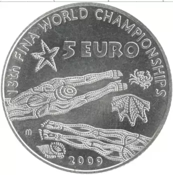Монета 5 евро Италии 2009 года Серебро 13-ый Чемпионат мира по плаванию