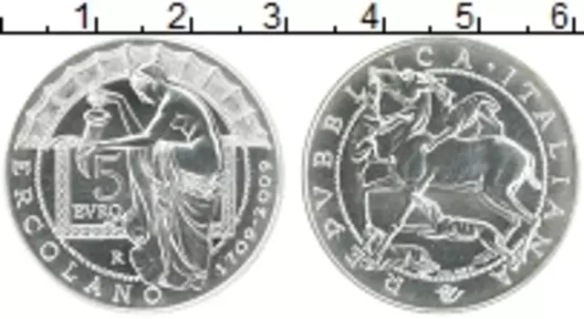 Монета 5 евро Италии 2009 года Серебро Геркуланум -древнеримский город в итальянском регионе Кампания