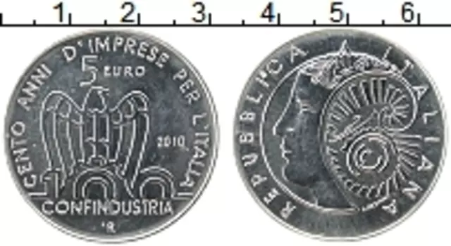 Монета 5 евро Италии 2010 года Серебро 100 лет основания Итальянской конфедерации промышленных предприятий