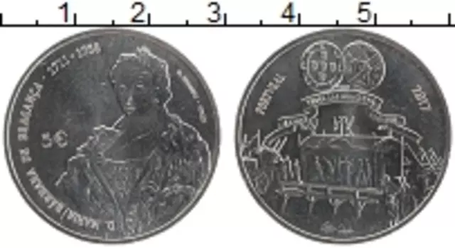 Монета 5 евро Португалии 2017 года Медно-никель Барбара Браганса