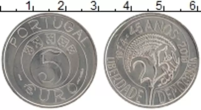 Монета 5 евро Португалии 2019 года Медно-никель 45 лет революции гвоздик