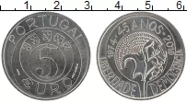 Монета 5 евро Португалии 2019 года Медно-никель 45 лет революции гвоздик