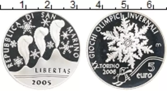 Монета 5 евро Сан-Марино 2005 года Серебро Олимпиада 2006 в Италии