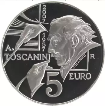 Монета 5 евро Сан-Марино 2007 года Серебро 50 лет со дня смерти Артуро Тосканини