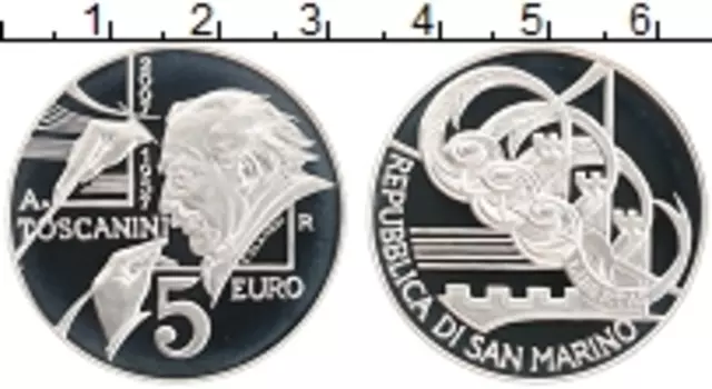 Монета 5 евро Сан-Марино 2007 года Серебро 50 лет со дня смерти Артуро Тосканини
