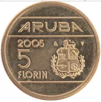Монета 5 флоринов Арубы 2005 года Бронза Беатрис