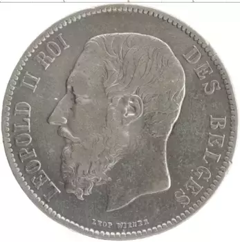 Монета 5 франков Бельгии 1868 года Серебро Леопольд II
