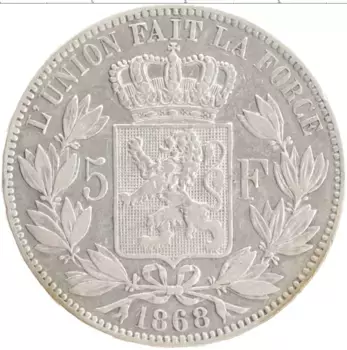 Монета 5 франков Бельгии 1868 года Серебро Леопольд II
