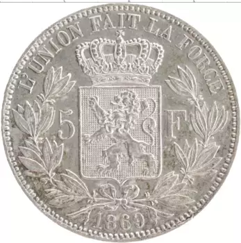 Монета 5 франков Бельгии 1869 года Серебро Леопольд II