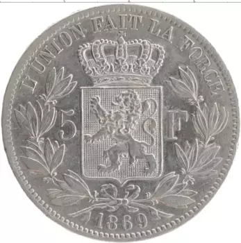 Монета 5 франков Бельгии 1869 года Серебро Леопольд II