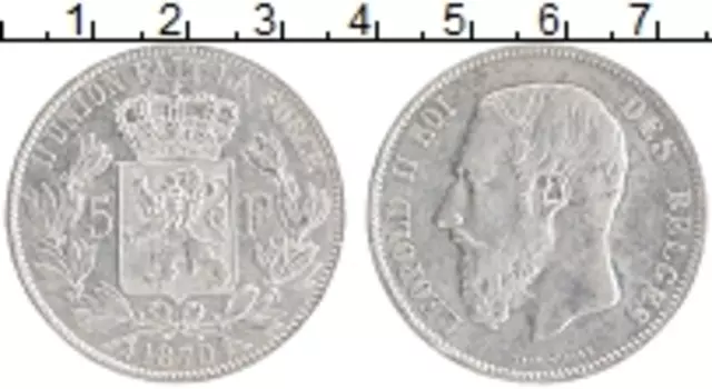 Монета 5 франков Бельгии 1870 года Серебро Леопольд II