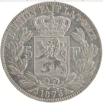 Монета 5 франков Бельгии 1873 года Серебро Леопольд II