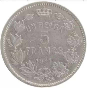 Монета 5 франков Бельгии 1931 года Медно-никель Альберт