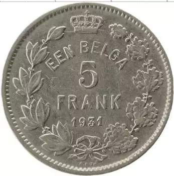 Монета 5 франков Бельгии 1931 года Медно-никель Альберт I