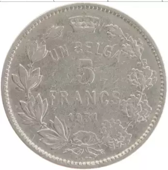Монета 5 франков Бельгии 1931 года Медно-никель Альберт I