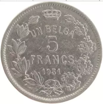 Монета 5 франков Бельгии 1931 года Медно-никель Альберт I