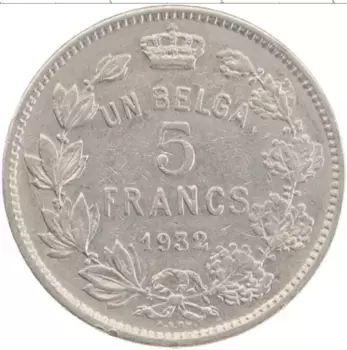 Монета 5 франков Бельгии 1932 года Медно-никель Альберт I