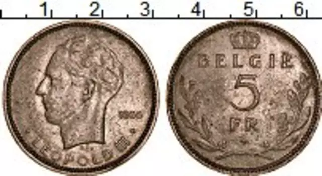 Монета 5 франков Бельгии 1936 года Медно-никель Леопольд III