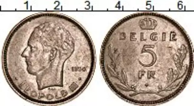 Монета 5 франков Бельгии 1936 года Медно-никель Леопольд III
