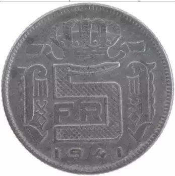 Монета 5 франков Бельгии 1941 года Цинк Леопольд III