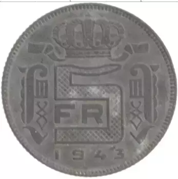 Монета 5 франков Бельгии 1943 года Цинк