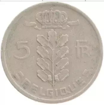 Монета 5 франков Бельгии 1949 года Медно-никель