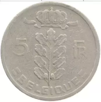 Монета 5 франков Бельгии 1950 года Медно-никель