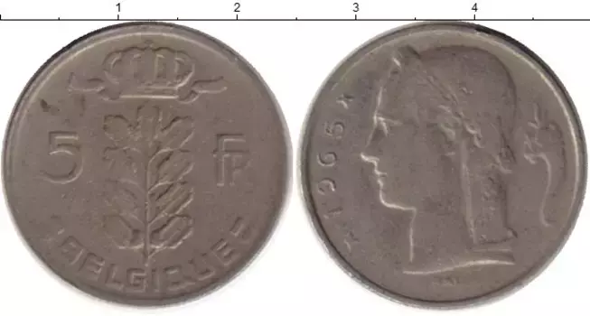 Монета 5 франков Бельгии 1965 года Медно-никель