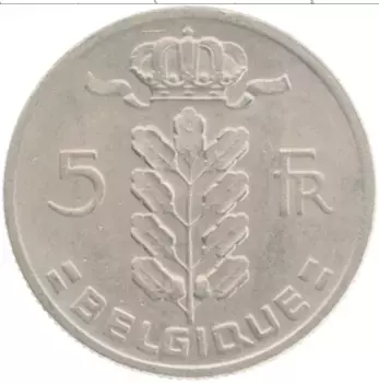 Монета 5 франков Бельгии 1969 года Медно-никель