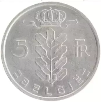 Монета 5 франков Бельгии 1974 года Медно-никель