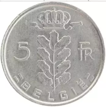 Монета 5 франков Бельгии 1977 года Медно-никель Король Бодуэн