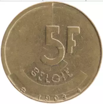 Монета 5 франков Бельгии 1993 года Бронза Король Бодуэн