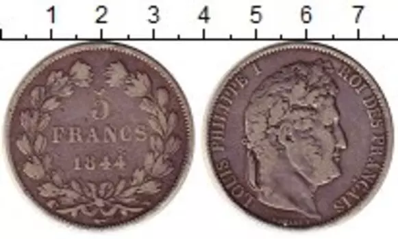 Монета 5 франков Франции 1844 года Серебро Луи Филипп I