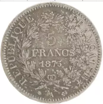 Монета 5 франков Франции 1875 года Серебро