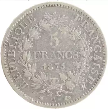 Монета 5 франков Франции 1875 года Серебро
