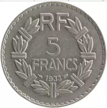 Монета 5 франков Франции 1933 года Медно-никель