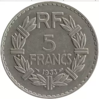 Монета 5 франков Франции 1933 года Медно-никель