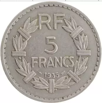 Монета 5 франков Франции 1935 года Медно-никель