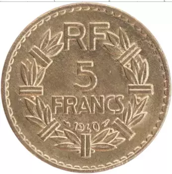 Монета 5 франков Франции 1940 года Бронза