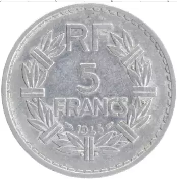 Монета 5 франков Франции 1945 года Алюминий Марианна