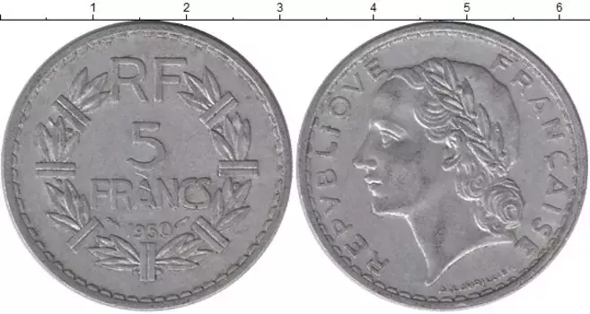 Монета 5 франков Франции 1945 года Алюминий /