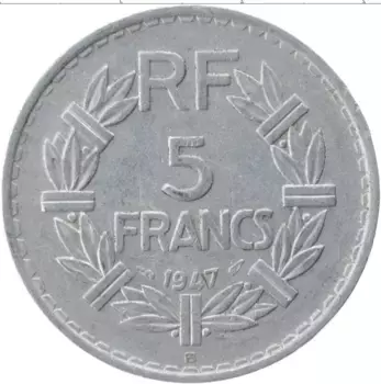 Монета 5 франков Франции 1947 года Алюминий Республика