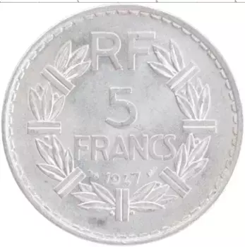 Монета 5 франков Франции 1947 года Алюминий