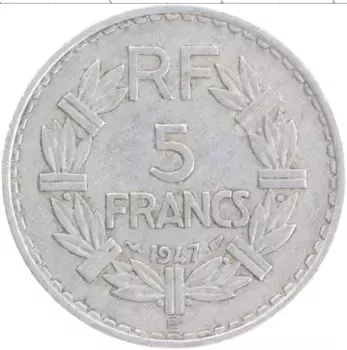 Монета 5 франков Франции 1947 года Алюминий