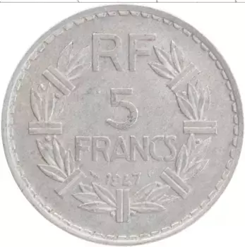 Монета 5 франков Франции 1947 года Алюминий